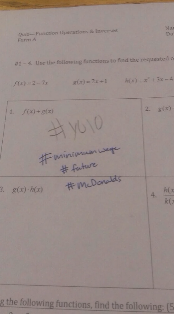Student wrote "#YOLO" in response to "f(x) + g(x)," and teacher wrote "#minimumwage #future #McDonalds"