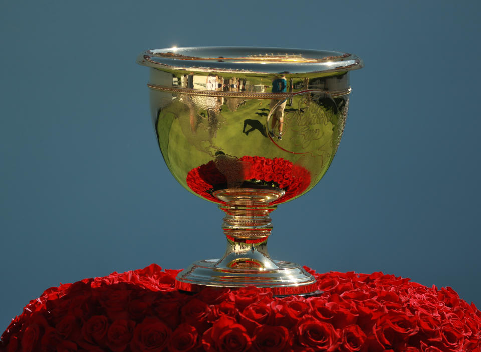 <p>The Presidents Cup trophy is seen on the first tee during the first round of the Presidents Cup at Liberty National Golf Club on Sept. 28, 2017, in Jersey City, N.J. (Photo: Scott Halleran/PGA TOUR) </p>