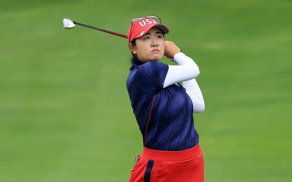 Rose Zhang of The United States Team plays her second shot on the second hole during the afternoon four ball matches of the Solheim Cup 2024 at Robert Trent Jones Golf Club on September 13, 2024 in Gainesville, Virginia