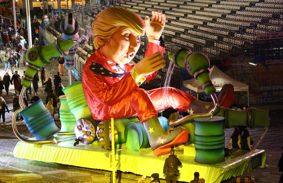 Nice carnival features a Donald Trump float