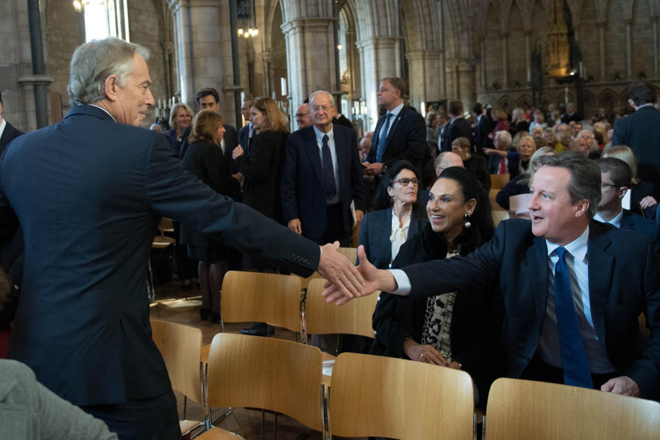 Former Prime Ministers Tony Blair and David Cameron at the memorial service at Southwark Cathedral, London for the former culture secretary, Baroness Tessa Jowell. (Photo by Stefan Rousseau/PA Images via Getty Images)