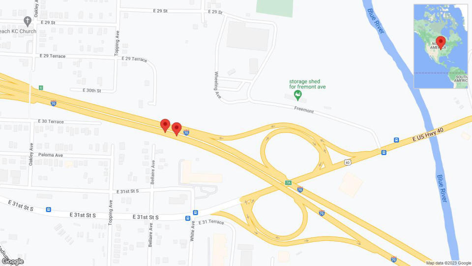 A detailed map that shows the affected road due to 'Broken down vehicle on eastbound I-70 in Kansas City' on December 26th at 9:35 p.m.