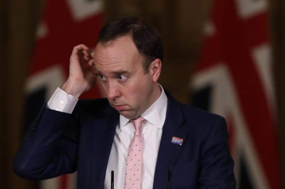 Matt Hancock at Wednesday's Downing Street press conference. (Kirsty Wigglesworth/PA)