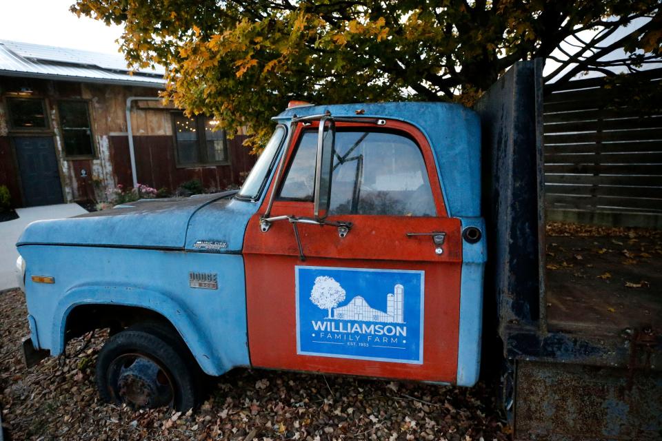 An old truck on the Williamson Family Farm with the venue's new logo on Monday, Oct. 23, 2023.