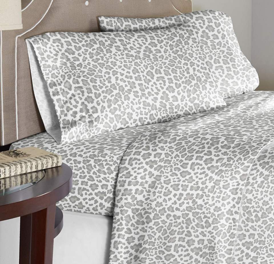 Pointehaven Velvet-Feel Printed Flannel Sheet Set in Leopard (Photo via Amazon)