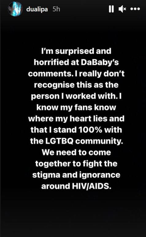 Dua Lipa's Instagram story response to DaBaby's comments.