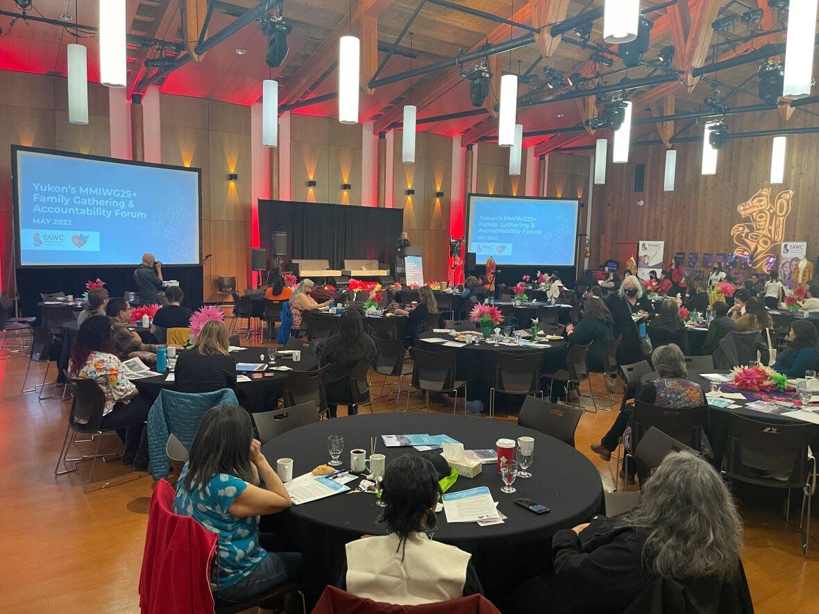 Attendees at a forum into MMIWG2S+ at the Kwanlin Dün Cultural Centre on Wednesday and Thursday. It marked the first time families, survivors, community groups and leaders gathered to discuss the direction of the territorial government's strategy into the issue. (Julien Gignac/CBC - image credit)