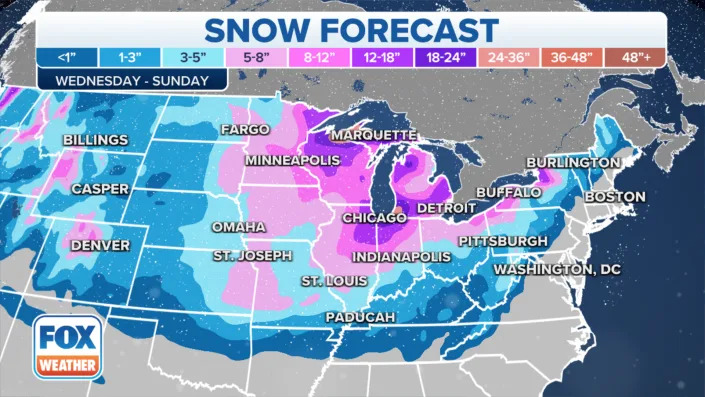 A map showing potential snow totals from a major winter storm that's brewing for this busy holiday travel weekend.