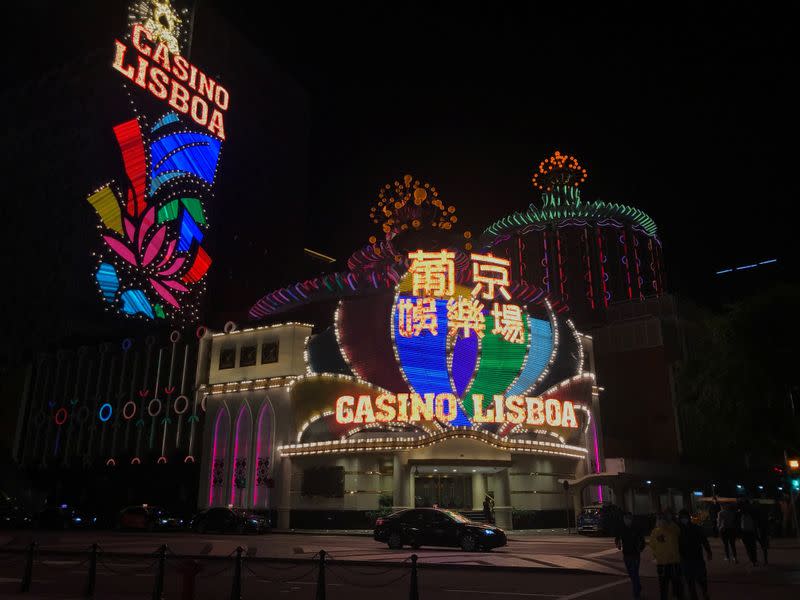 A night view of the Casino Lisboa after gambling recommenced at midnight, in Macau