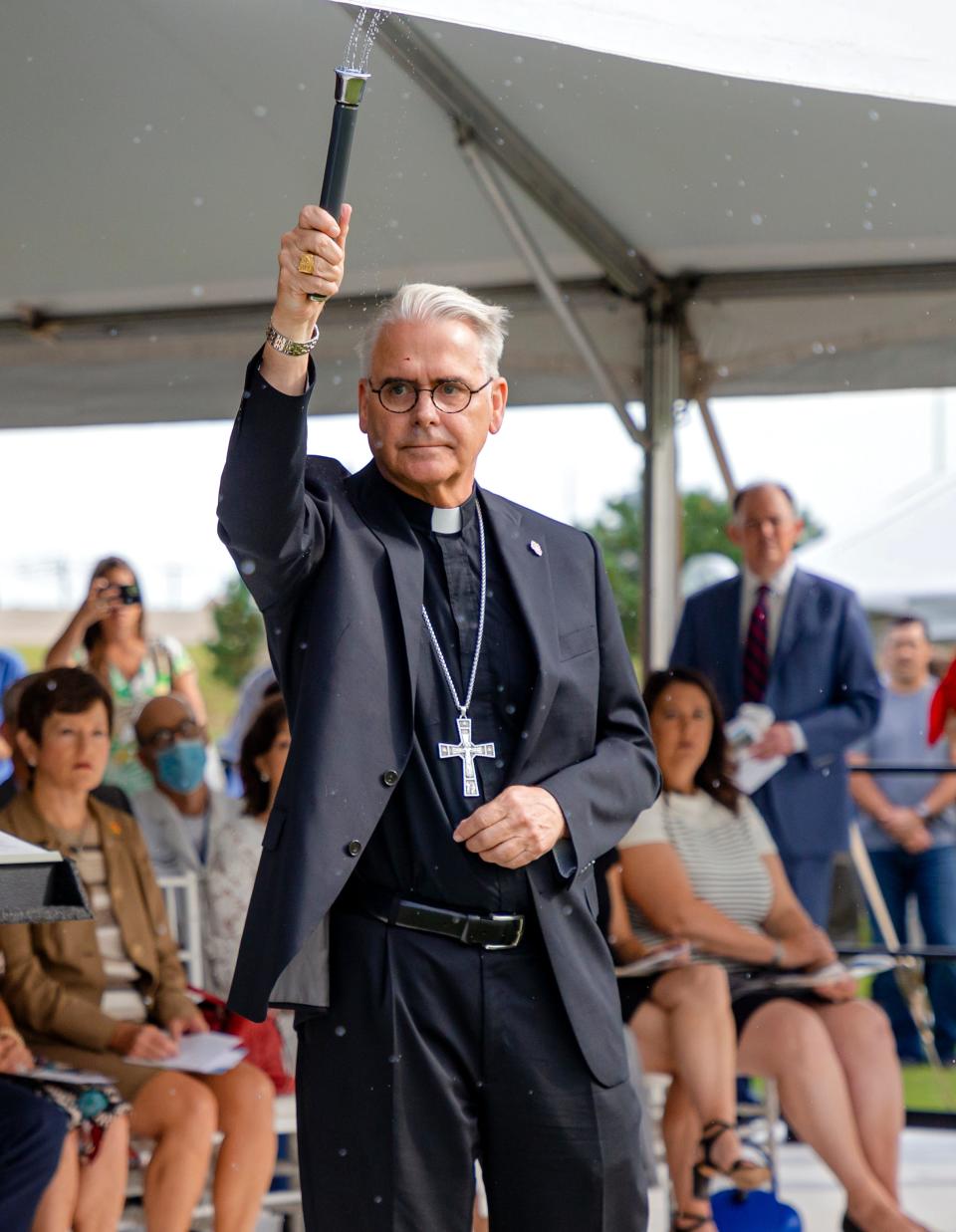 Archbishop Paul Coakley blesses the grounds during the ground breaking of the new Love Family WomenÕs Center on the campus of Mercy Hospital in Oklahoma City, Okla. on Thursday, July 15, 2021. The facility will expand womenÕs services for pregnant moms and women of all ages.