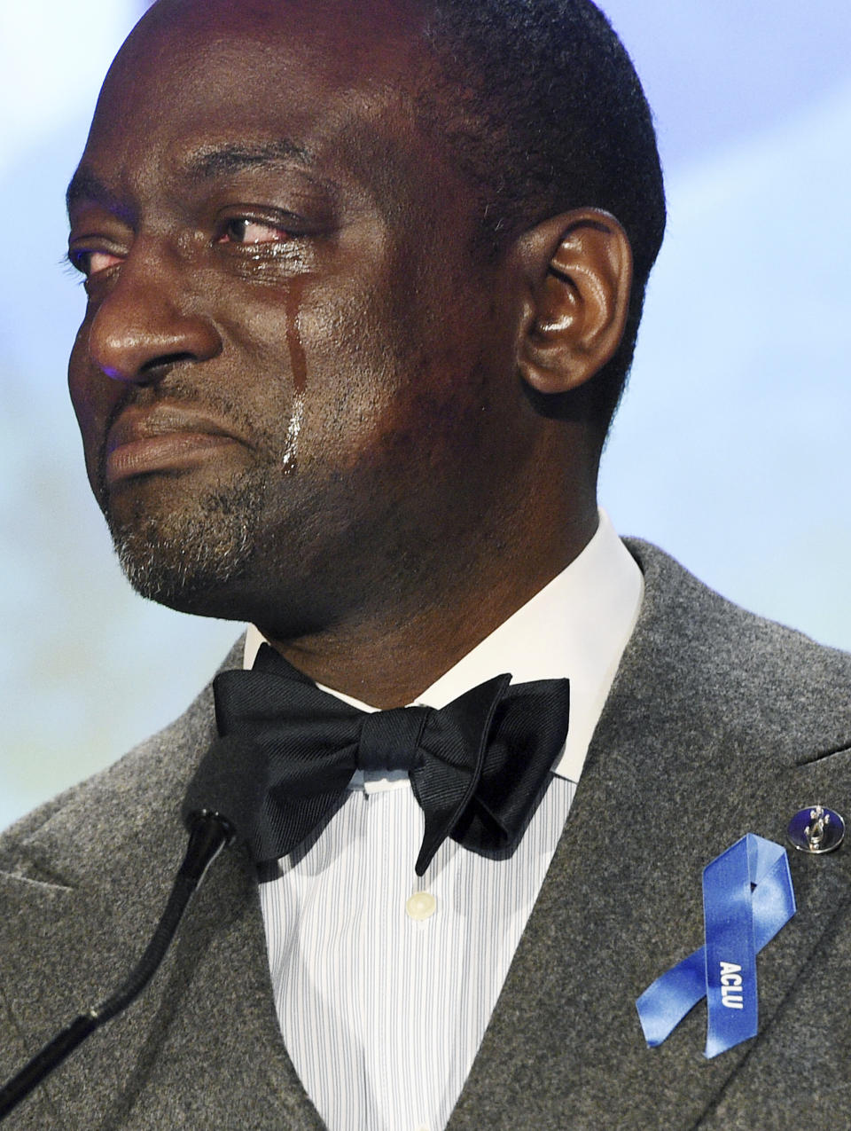 Honoree Yusef Salaam sheds a tear as he speaks to the audience at the ACLU SoCal's 25th Annual Luncheon at the JW Marriott at LA Live, Friday, June 7, 2019, in Los Angeles. Salaam was one of five Harlem teenagers who were wrongly convicted of assaulting and raping a female jogger in New York City's Central Park in 1989. (Photo by Chris Pizzello/Invision/AP)