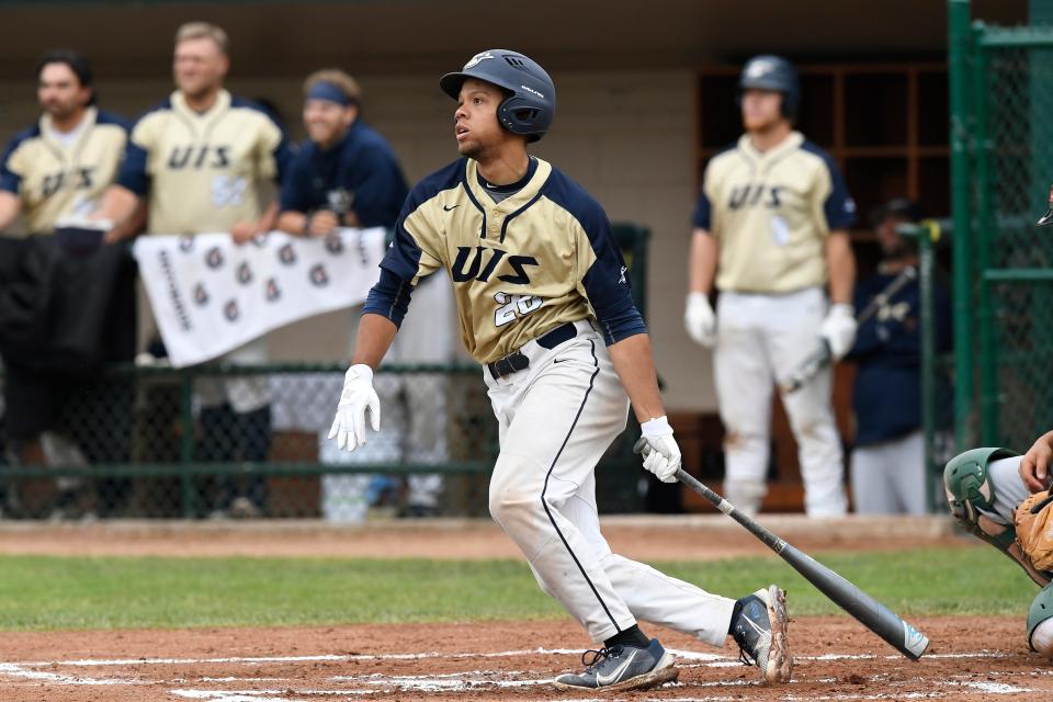 University of Illinois Springfield infielder Zion Pettigrew hits against host Wayne State in the NCAA Division II Midwest Regional final on Sunday, May 22.