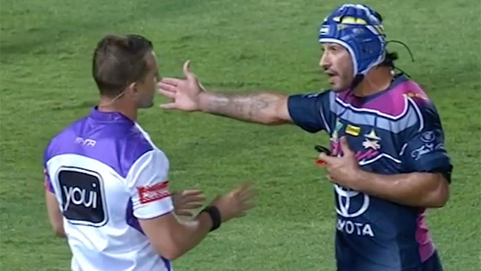 Jonathon Thurston blows up at the on-field referee over a controversial penalty try. Pic: Nine