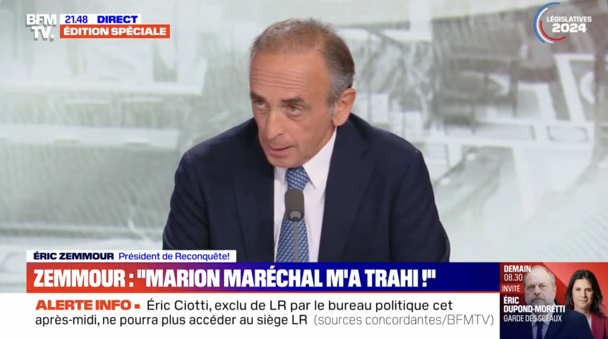 Éric Zemmour sur le plateau de BFMTV, le 12 juin 2024.