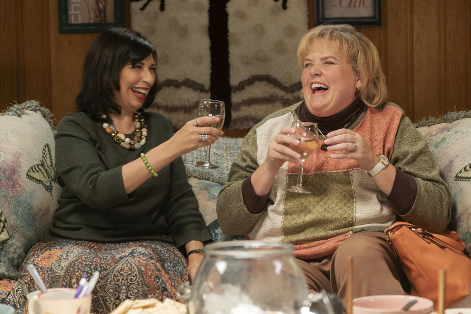 This image released by Lionsgate shows Rose Abdoo, left, and Fortune Feimster in "Barb and Star Go to Vista Del Mar." (Richard Foreman/Lionsgate via AP)