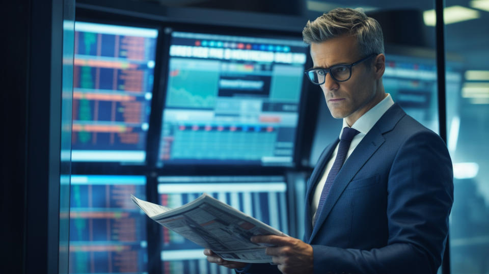 A financial analyst looking at the news, analyzing the trends of the insurance market. 