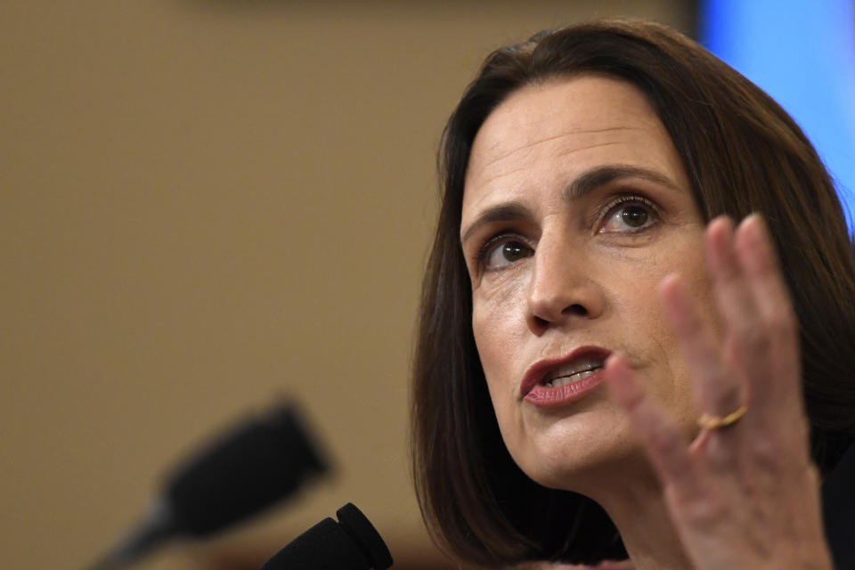 Former White House national security aide Fiona Hill, testifies before the House Intelligence Committee on Capitol Hill in Washington, Thursday, Nov. 21, 2019, during a public impeachment hearing of President Donald Trump's efforts to tie U.S. aid for Ukraine to investigations of his political opponents.(AP Photo/Susan Walsh)