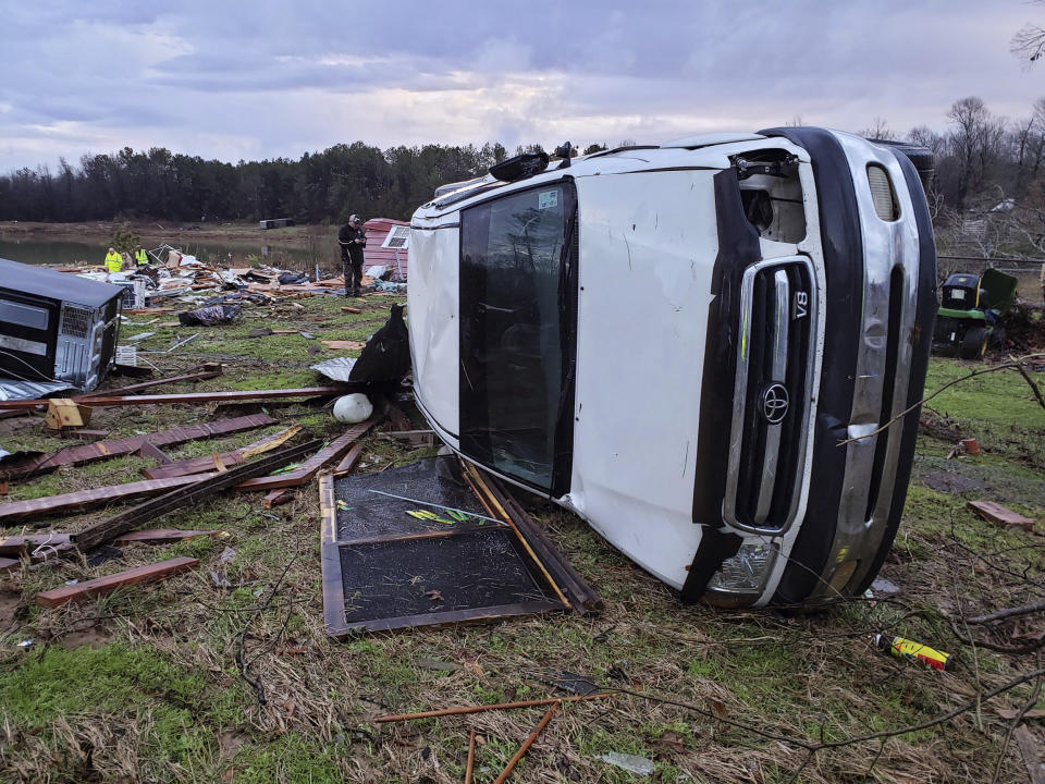 This photo provided by Bossier Parish Sheriff's Office shows damage from Friday nights severe weather in Bossier Parish, La., on Saturday, Jan. 11, 2020. Several people were killed in Louisiana, including an elderly couple found near their trailer home Saturday by firefighters. (Lt. Bill Davis/Bossier Parish Sheriff's Office via AP)