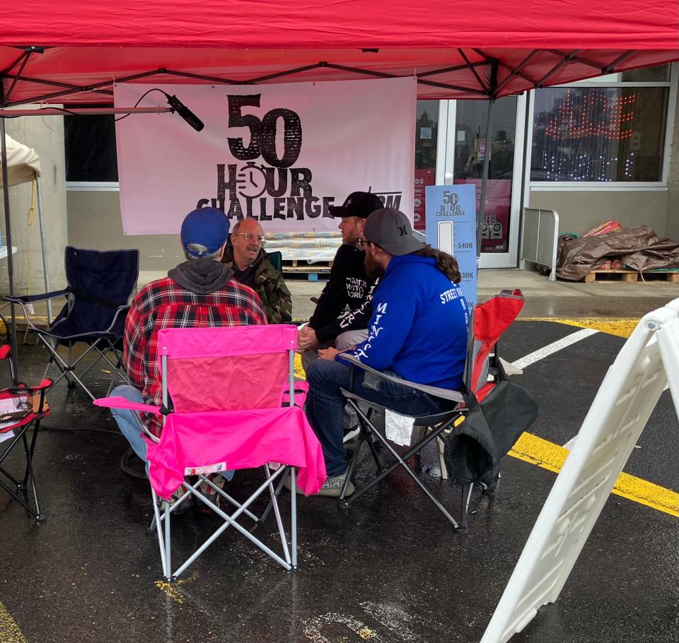 Union Gospel Mission of Salem Executive Director Dan Clem talks with Be Bold Street Ministries members during the 50-Hour Challenge of camping outside the south Salem Ace Hardware to raise awareness of homelessness in the region.