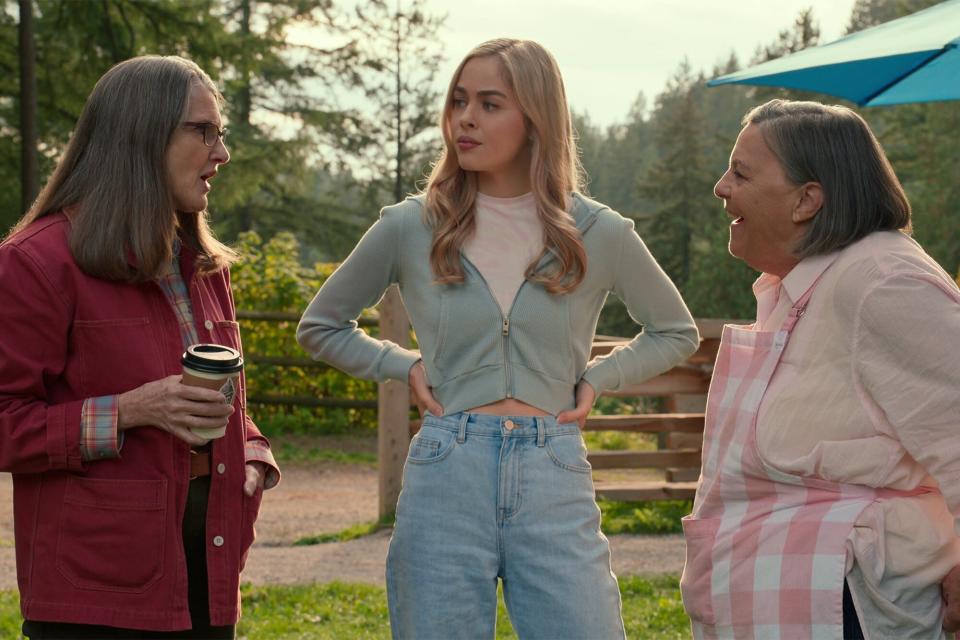 Virgin River. (L to R) Annette O'Toole as Hope, Sarah Dugdale as Lizzie, Nicola Cavendish as Connie in episode 408 of Virgin River. Cr. Courtesy Of Netflix © 2022