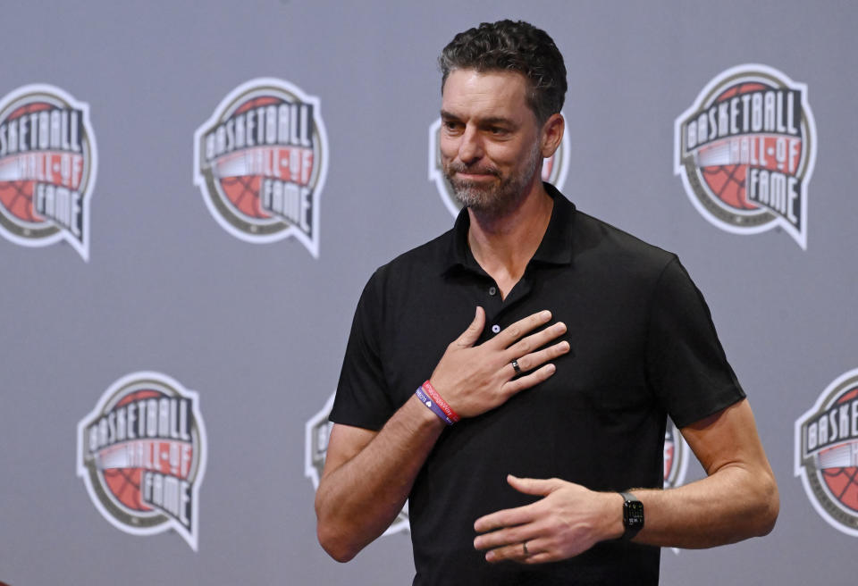 Basketball Hall of Fame Class of 2023 inductee Pau Gasol gestures at a news conference at Mohegan Sun, Friday, Aug. 11, 2023, in Uncasville, Conn. (AP Photo/Jessica Hill)