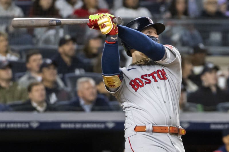 Outfielder Alex Verdugo hits a career-high .308 in 53 games in 2020 for the Boston Red Sox. File Photo by Corey Sipkin/UPI