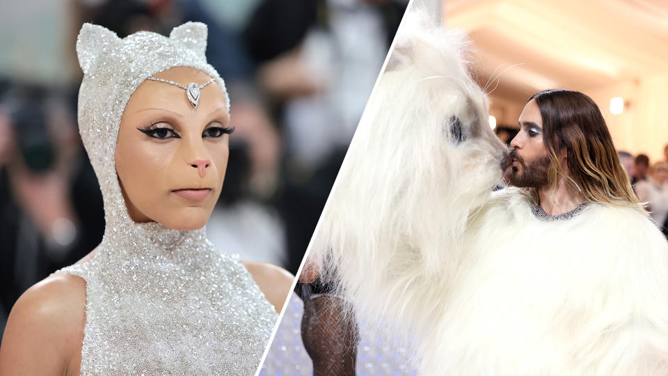 Doja Cat and Jared Leto dressed as Lagerfeld's beloved cat. (Photo: Getty Images)