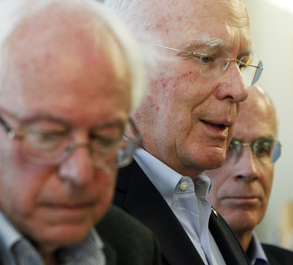 Sen. Patrick Leahy, D-Vt., center, Sen. Bernie Sanders, I-Vt., left, and Rep. Peter Welch, D-Vt., hold a news conference on Monday, July 2, 2012, in Montpelier, Vt. Vermont's three member congressional delegation gathered at the Statehouse to talk up what they see as the benefits in the federal farm bill that passed last week. (AP Photo/Toby Talbot)