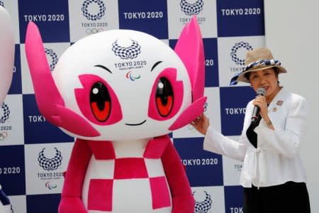 Tokyo Governor Yuriko Koike speaks next to Tokyo 2020 Paralympic mascot Someity during the mascots' debut in Tokyo, Japan, July 22, 2018. REUTERS/Kim Kyung-Hoon