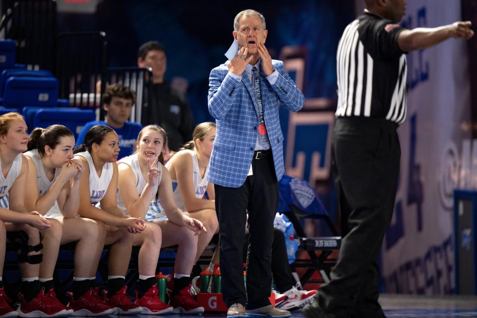 Gibson County's head coach Mitch Wilkins reacts to a referees call during their Division 1 Class 2A quarterfinal game against Huntingdon at Middle Tennessee State University in Murfreesboro, Tenn., Thursday, March 7, 2024.