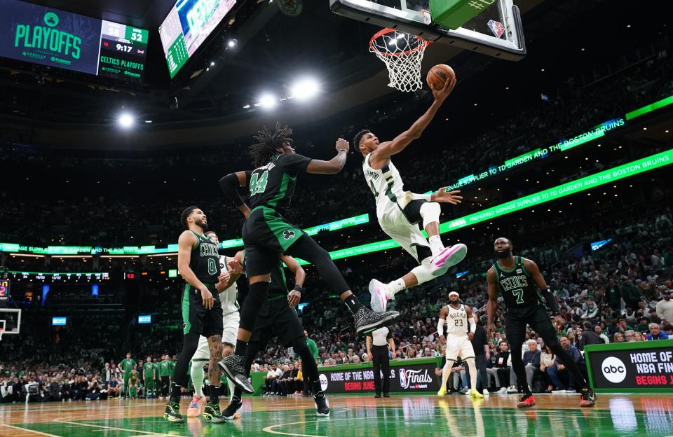 Giannis Antetokounmpo recorded a triple double in the Bucks' Game 1 playoff win over the Boston Celtics in the Eastern Conference semifinals.