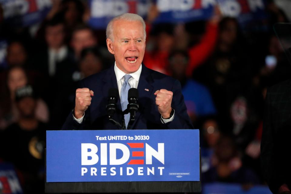 Democratic presidential candidate former Vice President Joe Biden speaks at a primary night election rally in Columbia, S.C., Saturday, Feb. 29, 2020 after winning the South Carolina primary. (AP Photo/Gerald Herbert)