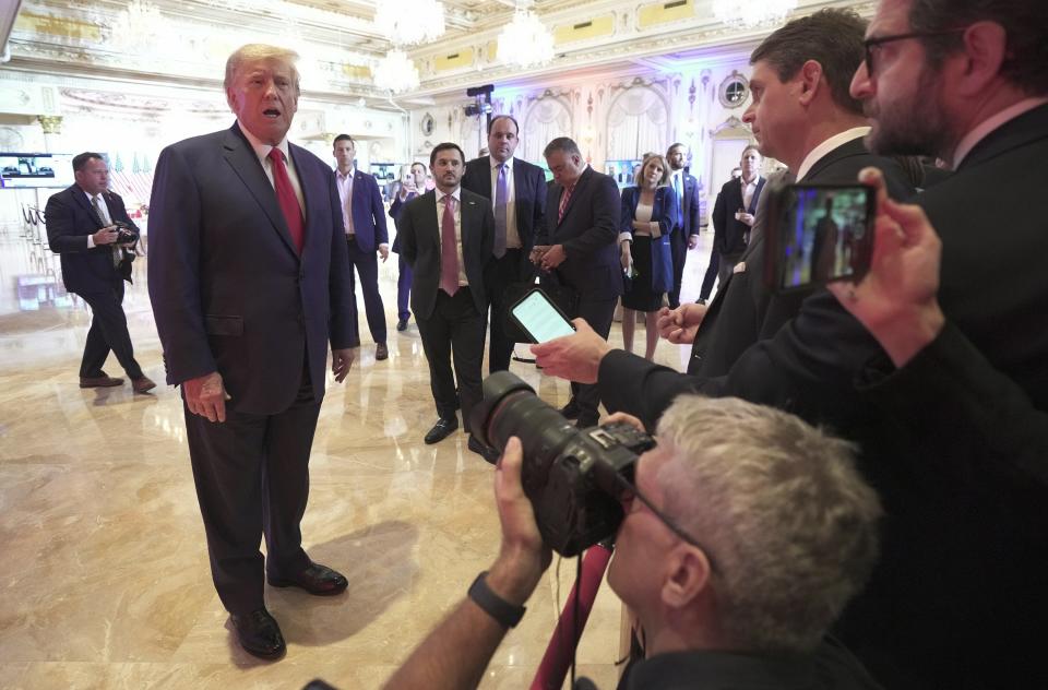 Former President Donald Trump addresses the media in the ballroom during an election watch party at Mar-a-Lago in Palm Beach on Tuesday.