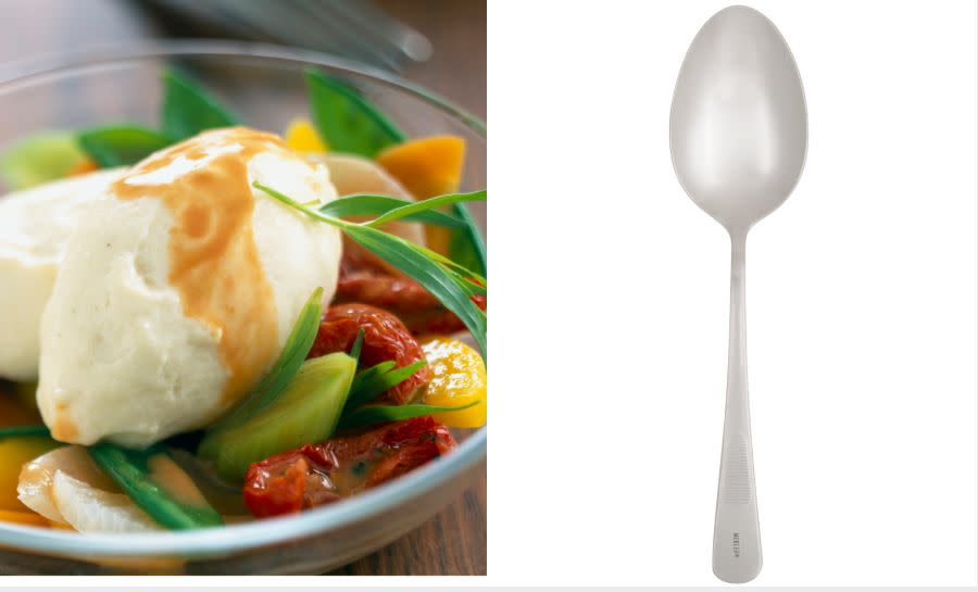 A quenelle is a smooth, football-shaped spoonful, usually of ice cream or whipped cream. <a href="https://www.webstaurantstore.com/mercer-culinary-m35138-1-3-oz-stainless-steel-solid-bowl-9-plating-spoon/470M35138.html?utm_source=Google&amp;utm_medium=cpc&amp;utm_campaign=GoogleShopping&amp;gclid=EAIaIQobChMIjqTZ4bGR4gIVUl8NCh2IZA75EAQYAiABEgIstPD_BwE" target="_blank" rel="noopener noreferrer">The spoon</a> on the right can achieve that shape. (Photo: HuffPost)