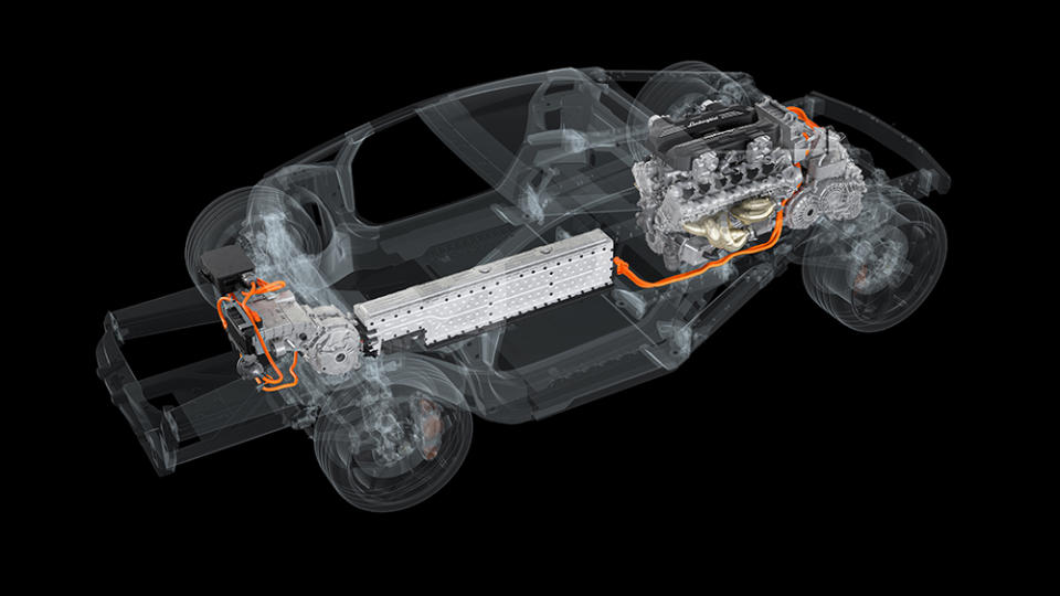 The layout of the Lamborghini LB744's all-new hybridized powertrain