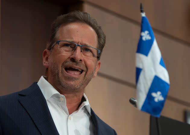 Bloc Quebecois Leader Yves-Francois Blanchet delivers his opening remarks during a news conference in Ottawa on Aug. 12, 2020.