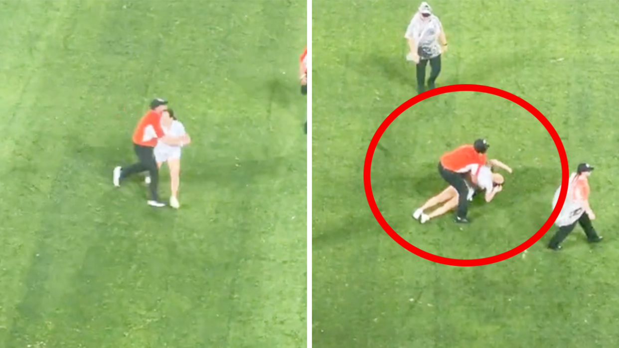 A pitch invader gets tackled (pictured left) and is clearly hurt (pictured right) during an MLS game.