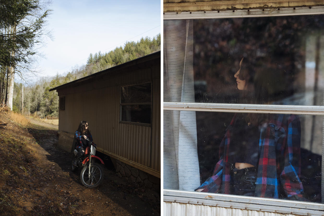 In the summer, Riley, 15, rides her dirt bike around her family's property in Andrews, N.C.   (Kendrick Brinson for NBC News)