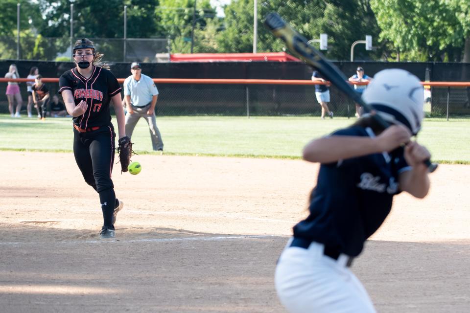 Pennsbury's Ainsley McClure pitches to Manheim's Annika Smith in a PIAA Class 6A first round playoff game at Pennsbury High School in Falls Township on Monday, June 6, 2022. The Falcons defeated the Blue Streaks 10-2 to advance to the quarterfinals.