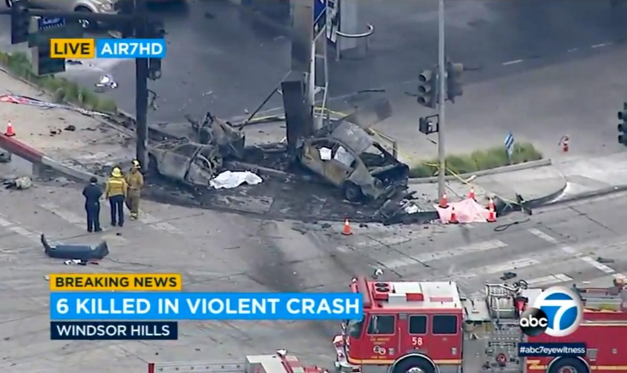 This aerial image taken from video provided by KABC-TV shows authorities responding to a traffic accident in the suburban neighborhood Windsor Hills, in Los Angeles, on Thursday.