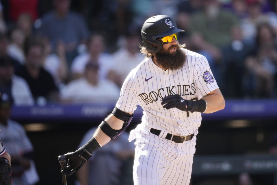 Colorado Rockies' Charlie Blackmon grounds out against Minnesota Twins starting pitcher Bailey Ober in the sixth inning of a baseball game, Sunday, Oct. 1, 2023, in Denver. (AP Photo/David Zalubowski)