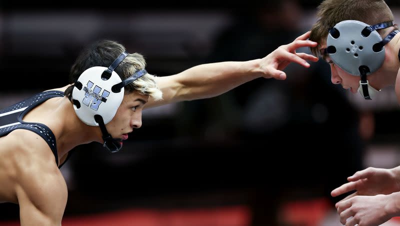 Westlake’s Israel Borge, left, wrestles Fremont’s Colby Tennant in the 6A Wrestling State Championships at the UCCU Center in Orem on Friday, Feb. 16, 2024.