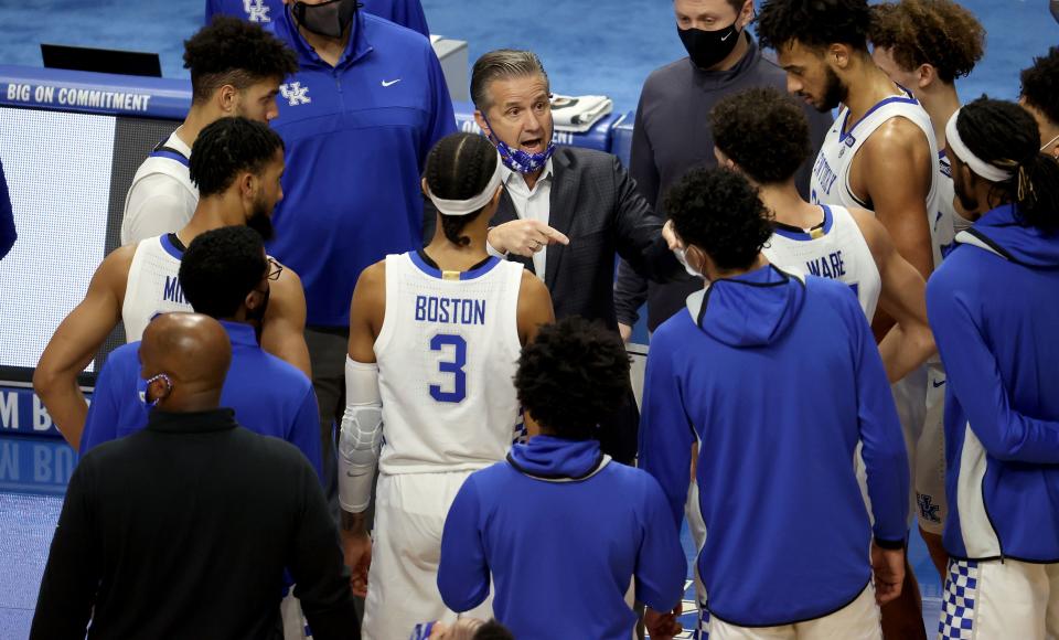 John Calipari the head coach of the Kentucky Wildcats gives instructions to his team against the Vanderbilt Commodores at Rupp Arena on January 05, 2021 in Lexington, Kentucky. (Photo by Andy Lyons/Getty Images)