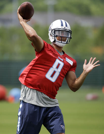 Tennessee Titans quarterback Marcus Mariota passes during a rookie minicamp practice Friday, May 15, 2015, in Nashville, Tenn. (AP Photo/Mark Humphrey)