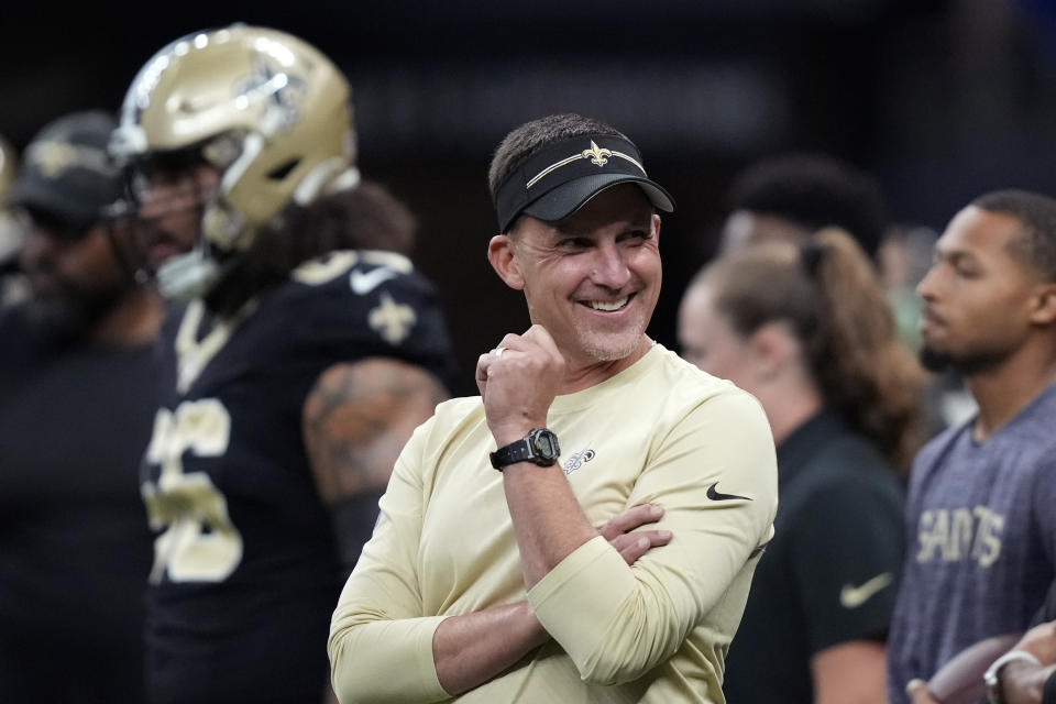 New Orleans Saints head coach Dennis Allen reacts on the field before a preseason NFL football game against the Houston Texans, Sunday, Aug. 27, 2023, in New Orleans. (AP Photo/Gerald Herbert)