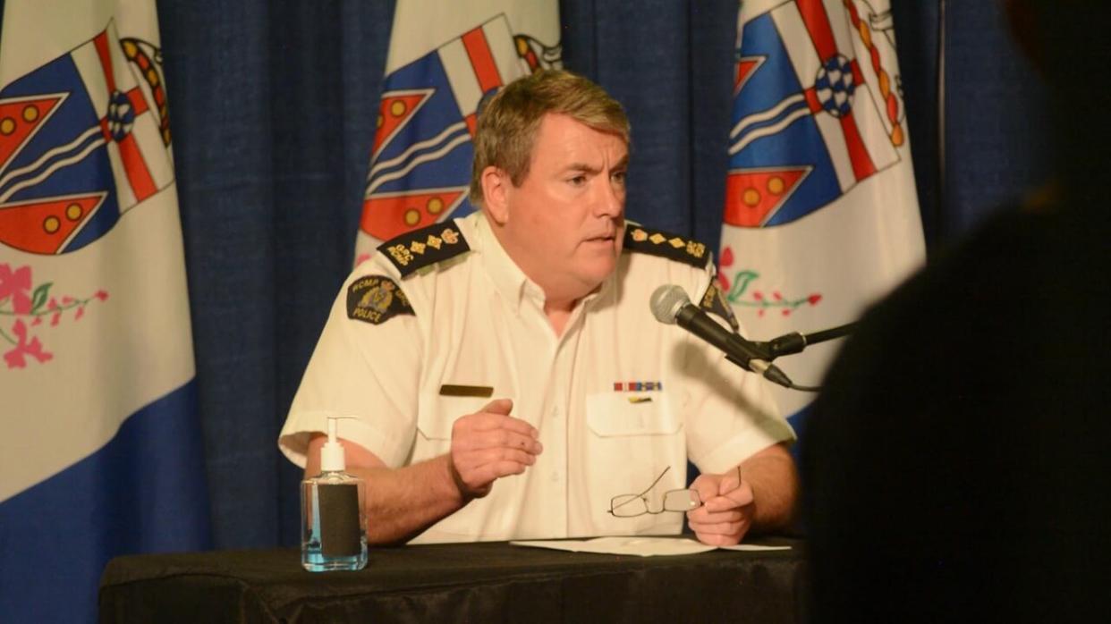 Yukon RCMP Chief Supt. Scott Sheppard, speaking at a news conference in Whitehorse in 2020. (Philippe Morin/CBC - image credit)