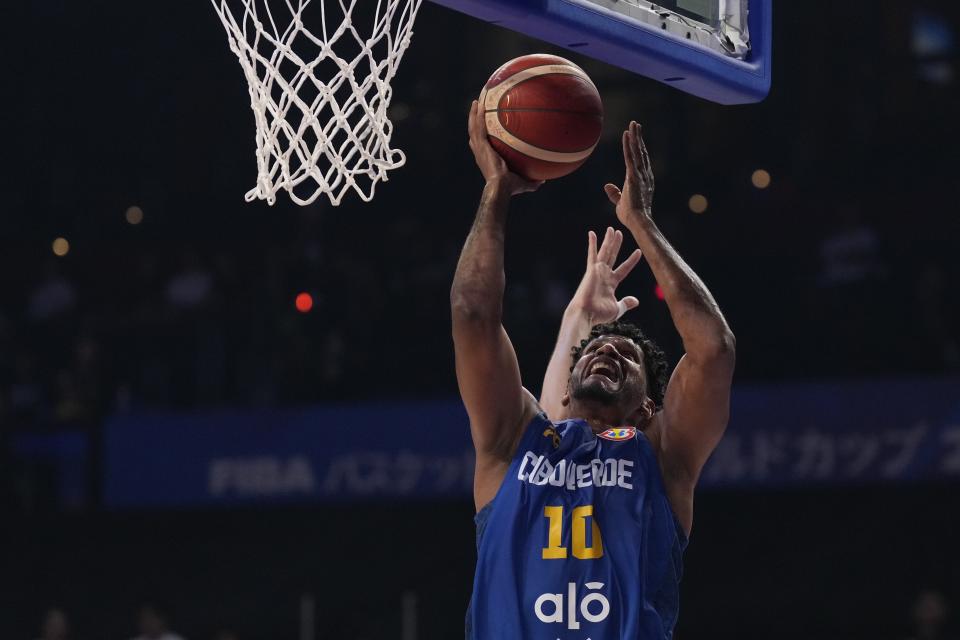 Cape Verde forward Kenneti Mendes (10) goes up for a shot against Slovenia in the first half of their Basketball World Cup group F match in Okinawa, southern Japan, Wednesday, Aug. 30, 2023. (AP Photo/Hiro Komae)