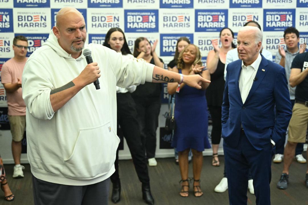 Sen. John Fetterman of Pennsylvania speaks in support of President Biden during a campaign stop at the Roxborough Democratic Coordinated Campaign Office in Philadelphia. (Saul Loeb/AFP via Getty Images)