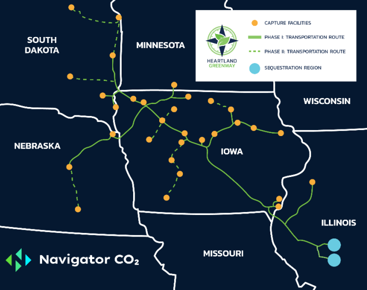 A map showing Navigator Heartland Greenway's pipeline route.