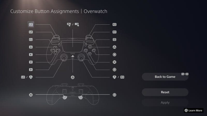 The DualSense Edge's Customize Button Assignments menu is shown, with a diagram of the controller labeling each button with a possible input.